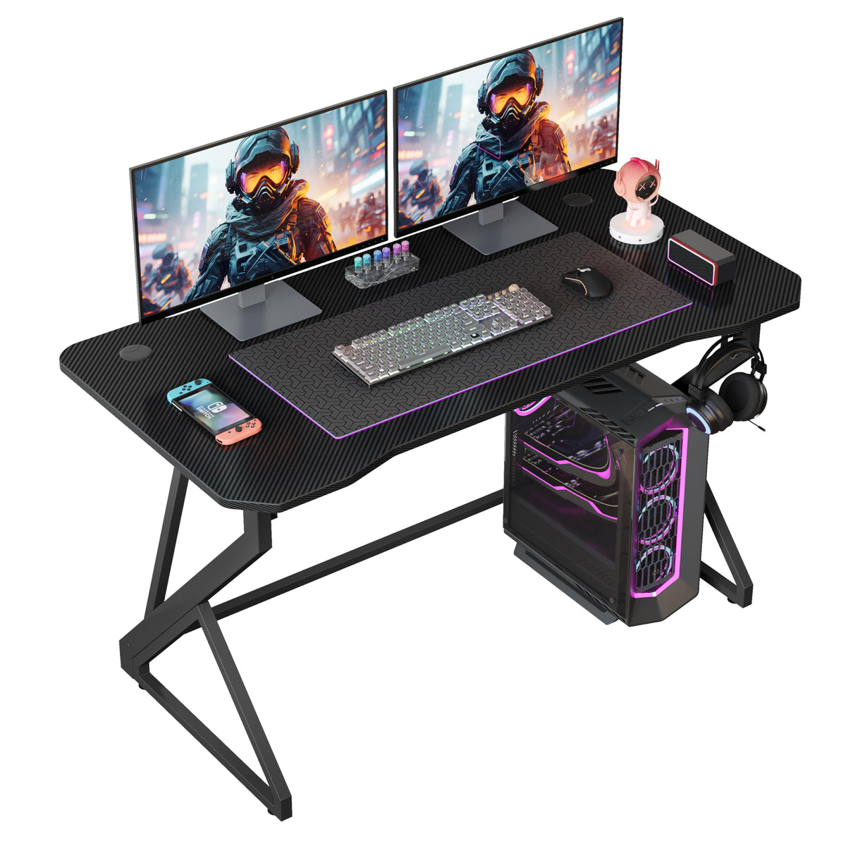 Grandder Gaming Desk Z Shaped 40 Inch Gamer Workstation Home Computer Carbon Fiber Surface Gaming Desk PC Table with Headphone Hook Carbon Fiber Black