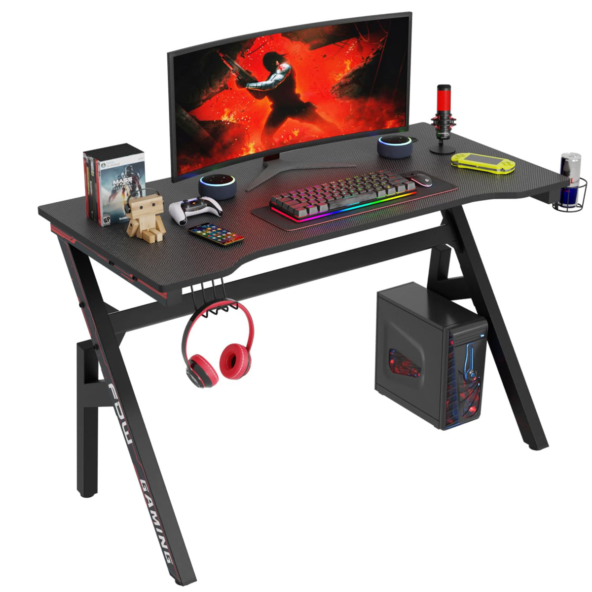 PayLessHere 47 Inch Gaming Desk PC Carbon Fiber Table Ultimate Gamer Workstation with Cup Holder & Headphone Hook for Home OfficeRed