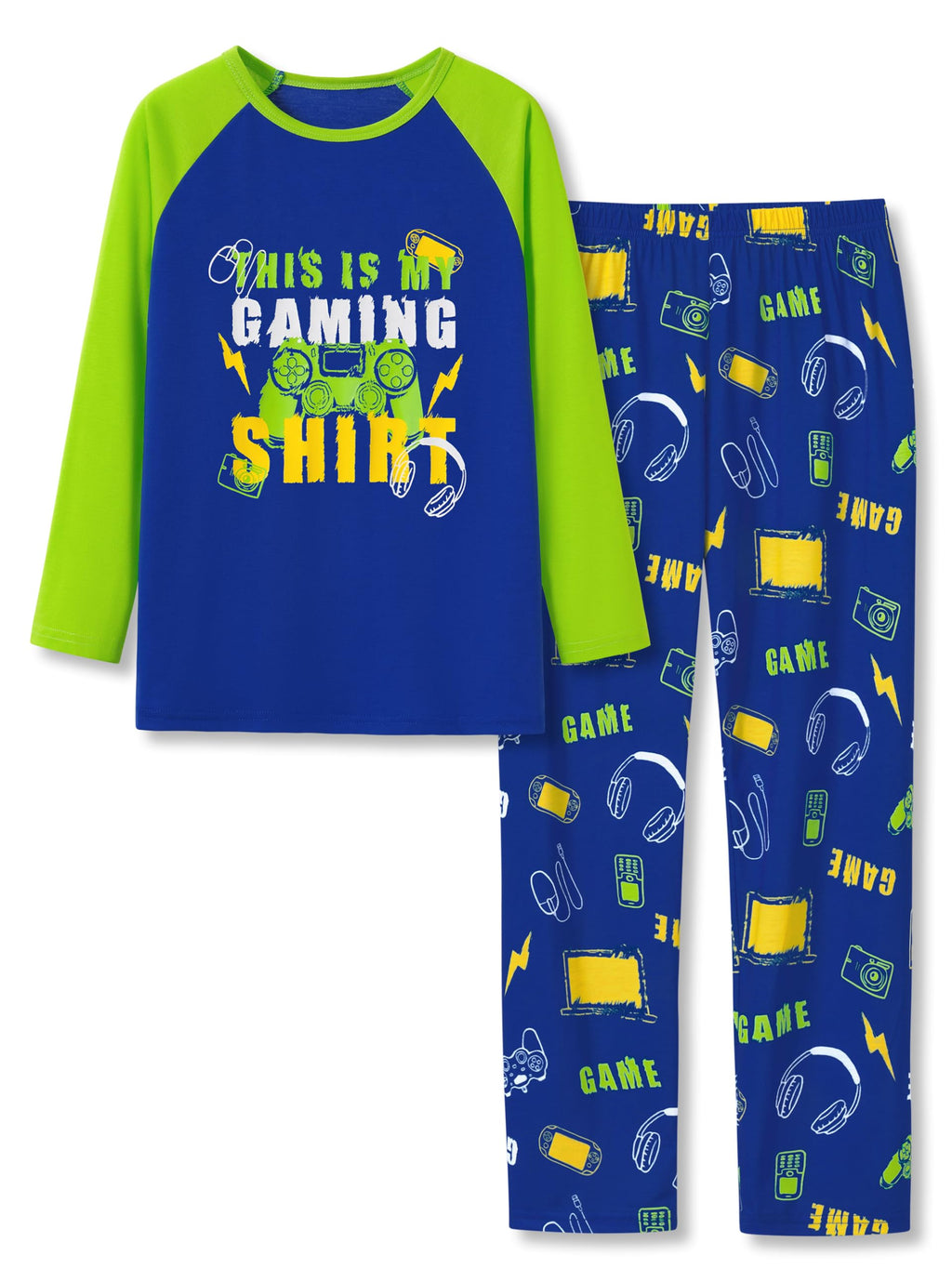 Topgal Little & Big Boys Trendy 2-Piece Pajamas Neon Green Gamer Kids Comfy Long Sleeve Pant Nightwear Set Size 14