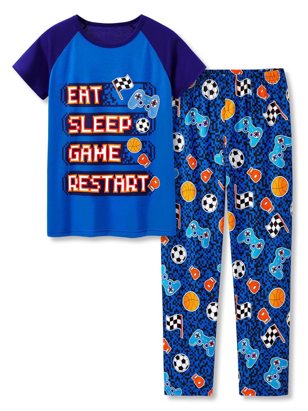 Tebbis Pajamas For Boys Fun Blue Gamer Short Sleeves & Pants 2-Piece PJs Set Kid Comfy Sleepwear Size 8