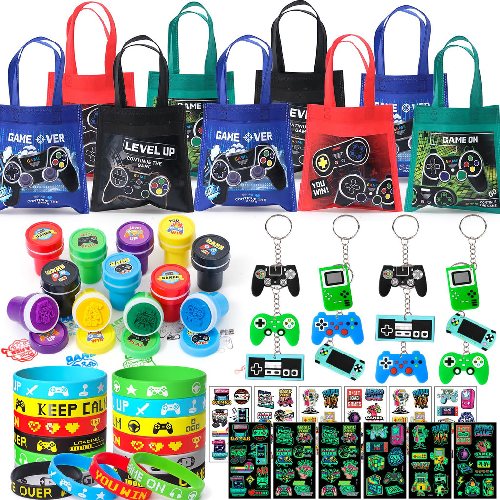 Winrayk Video Game Party Favors Gamer Birthday Supplies for Kids Non Woven Bag Silicone Bracelet Stamper Glow Sticker Keychain 12 Sets Game on Pinata Filler Goody Bag Stuffer Boys Gaming Party Favors
