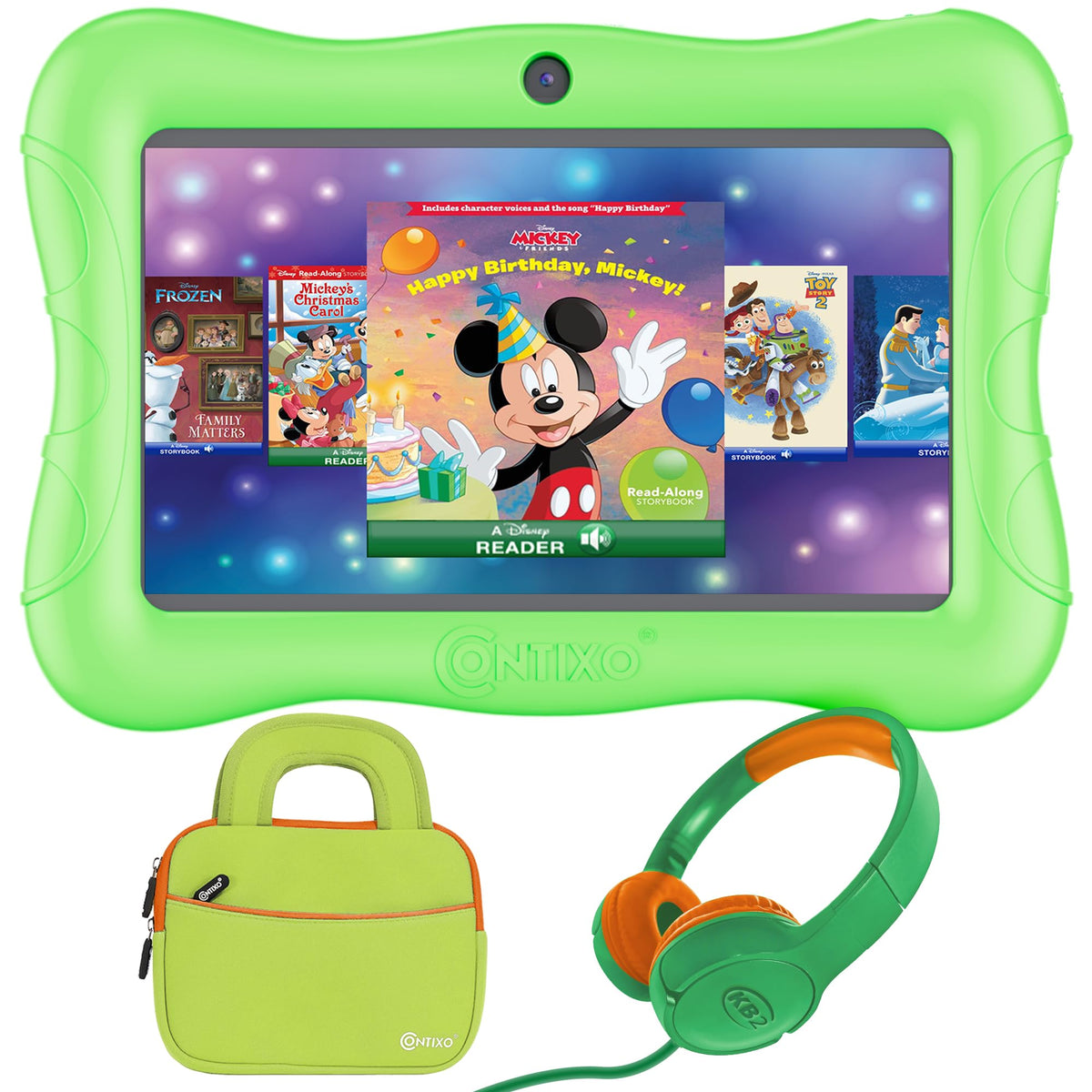 Contixo 7 inch Kids Tablet Bundle Android Tablet and Kids Wired Headphones Toddler Tablet with 50+ Disney Storybooks & Stickers WiFi 32GB ROM Learning Tablet for Kids Green