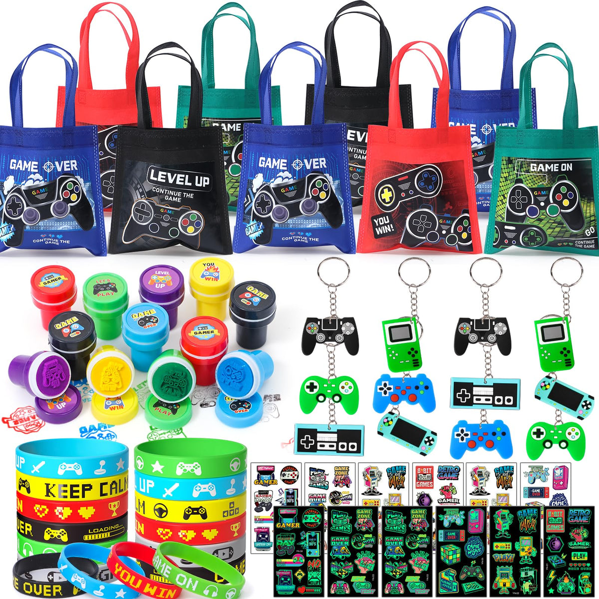Winrayk Video Game Party Favors Gamer Birthday Supplies for Kids Non Woven Bag Silicone Bracelet Stamper Glow Sticker Keychain 12 Sets Game on Pinata Filler Goody Bag Stuffer Boys Gaming Party Favors