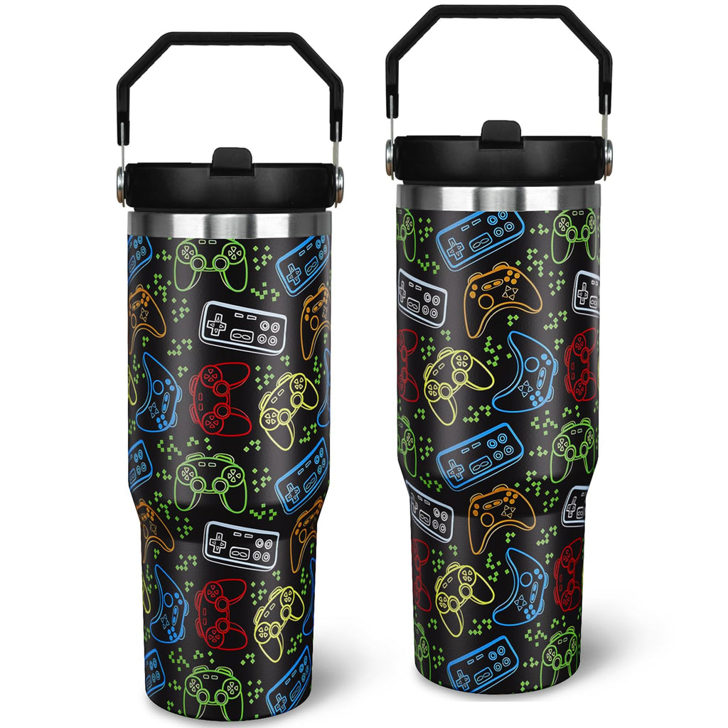 Jizrecly 30 oz Gamer Tumbler with Straw 30oz Gaming Flip Straw Tumbler Insulated Coffee Travel Mugs Cup Water Bottle Gamer Gifts for Men Dad Boy Boyfriend