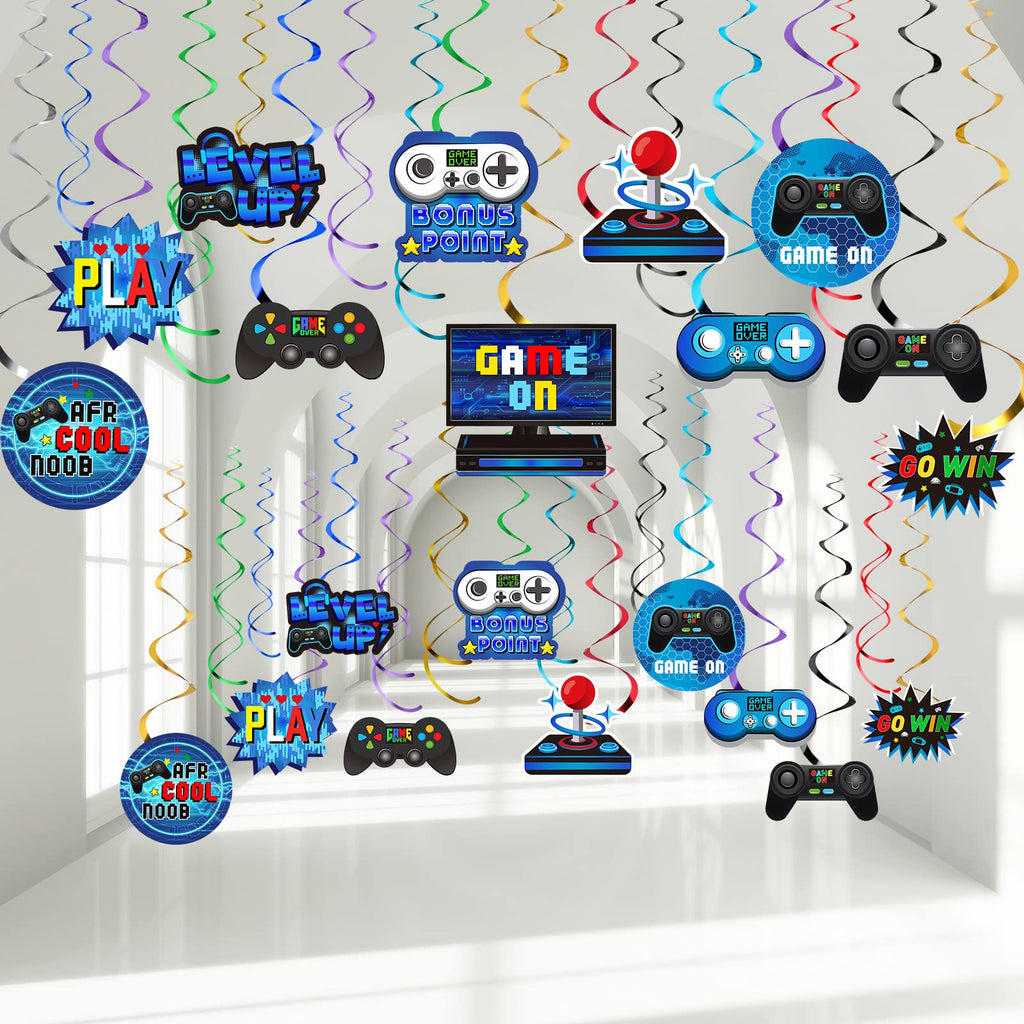 51 Pieces Video Game Hanging Swirl Decorations Supplies Video Game Birthday Decorations Game Party Theme Decorations Foil Ceiling Streamers for Gamer Video Game Birthday Party Supplies(Blue)