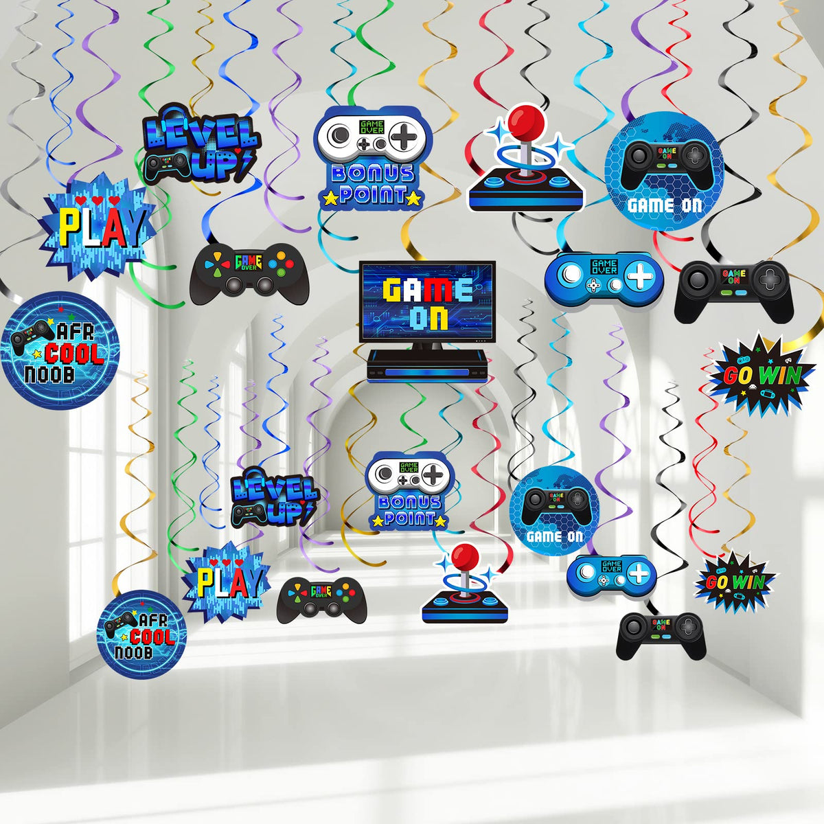 51 Pieces Video Game Hanging Swirl Decorations Supplies Video Game Birthday Decorations Game Party Theme Decorations Foil Ceiling Streamers for Gamer Video Game Birthday Party Supplies(Blue)