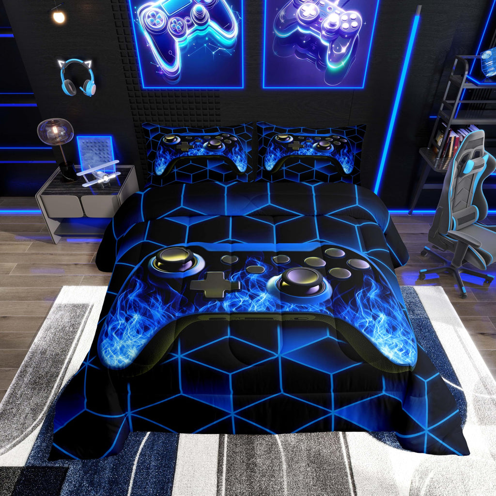 Blue Game Console Comforter Set for Boys Gamer GiftsNeon Geometry Gamer Bedding Set3D Geometric Boys Comforter Set Flame Gaming Consoles Gamer Decor for Boys Bedroom Decor