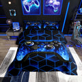 Blue Game Console Comforter Set for Boys Gamer GiftsNeon Geometry Gamer Bedding Set3D Geometric Boys Comforter Set Flame Gaming Consoles Gamer Decor for Boys Bedroom Decor