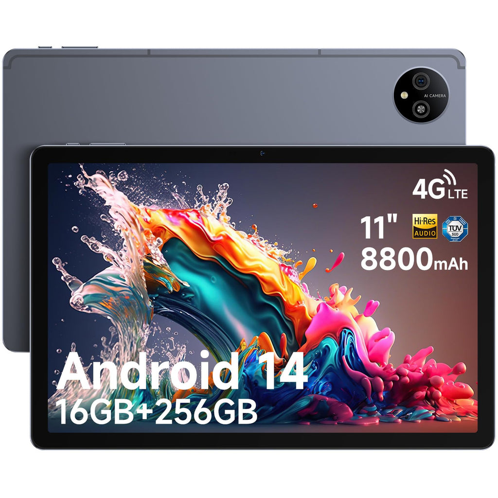Ulefone Android Tablet Android 14 Tablet Tab A11 Pro 16GB RAM + 256GB ROM (1TB TF) Gaming Tablet 11" Display Tablet 8800mAh Widevine L1 Quad Stereo Speaker 16MP + 8MP 4G Dual SIM Tablet PC