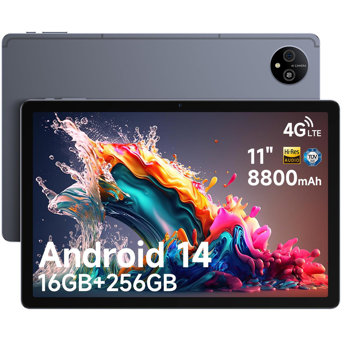 Ulefone Android Tablet Android 14 Tablet Tab A11 Pro 16GB RAM + 256GB ROM (1TB TF) Gaming Tablet 11" Display Tablet 8800mAh Widevine L1 Quad Stereo Speaker 16MP + 8MP 4G Dual SIM Tablet PC