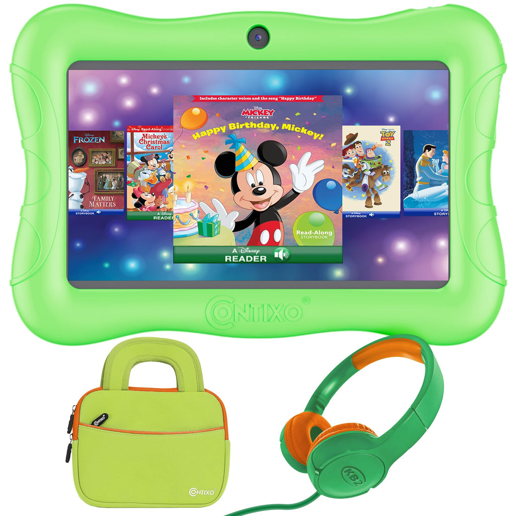 Contixo 7 inch Kids Tablet Bundle Android Tablet and Kids Wired Headphones Toddler Tablet with 50+ Disney Storybooks & Stickers WiFi 32GB ROM Learning Tablet for Kids Green